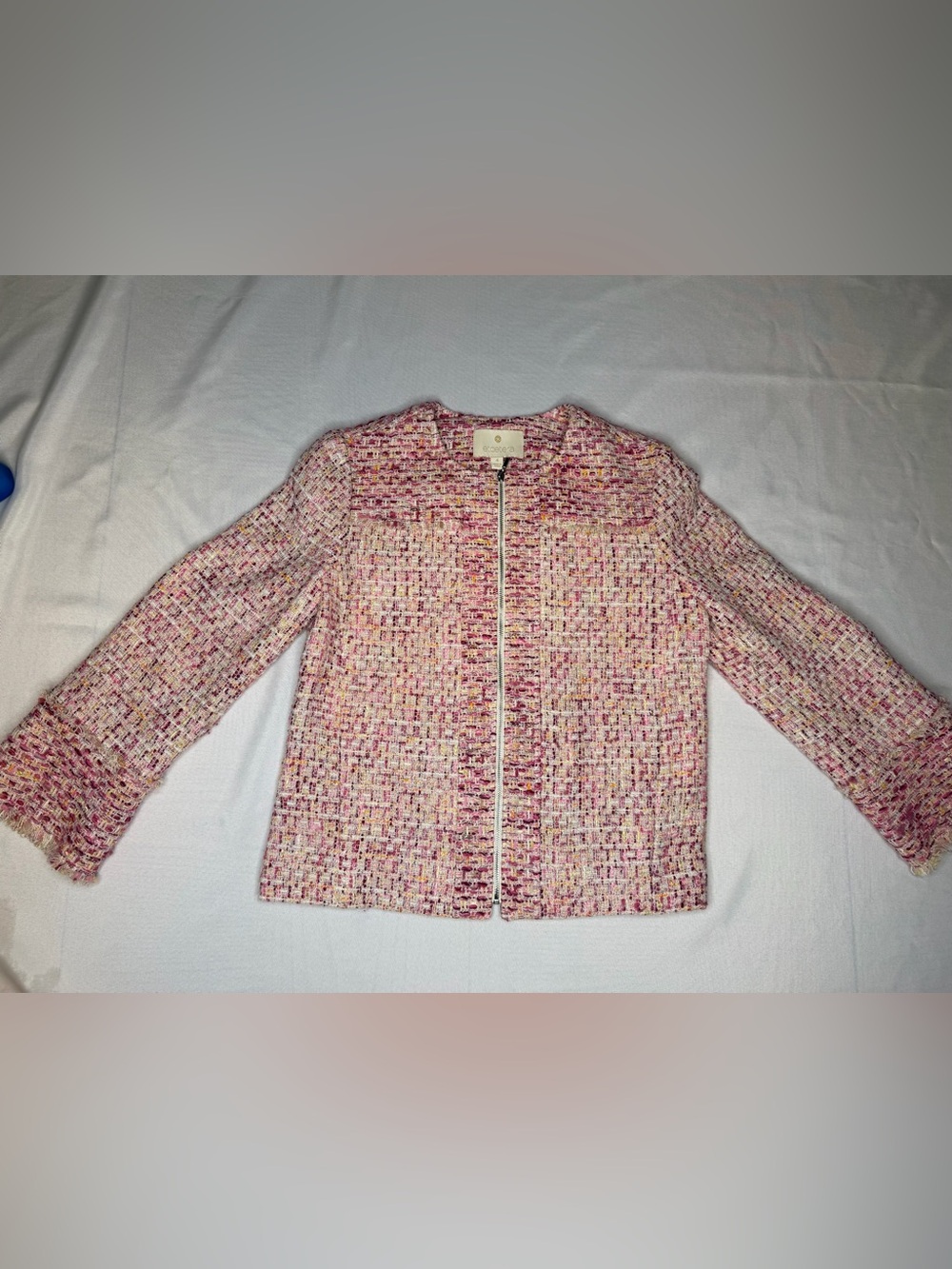 Etcetera Classic Multi Pink Tweed Zip-Front Collarless Jacket. Size 4.